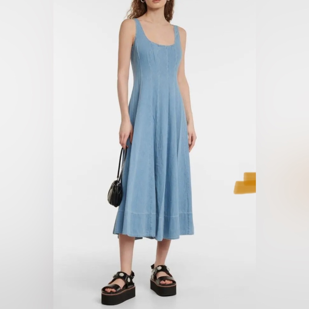 STAUD Light Blue Denim Wells Sleeveless Midi Dress